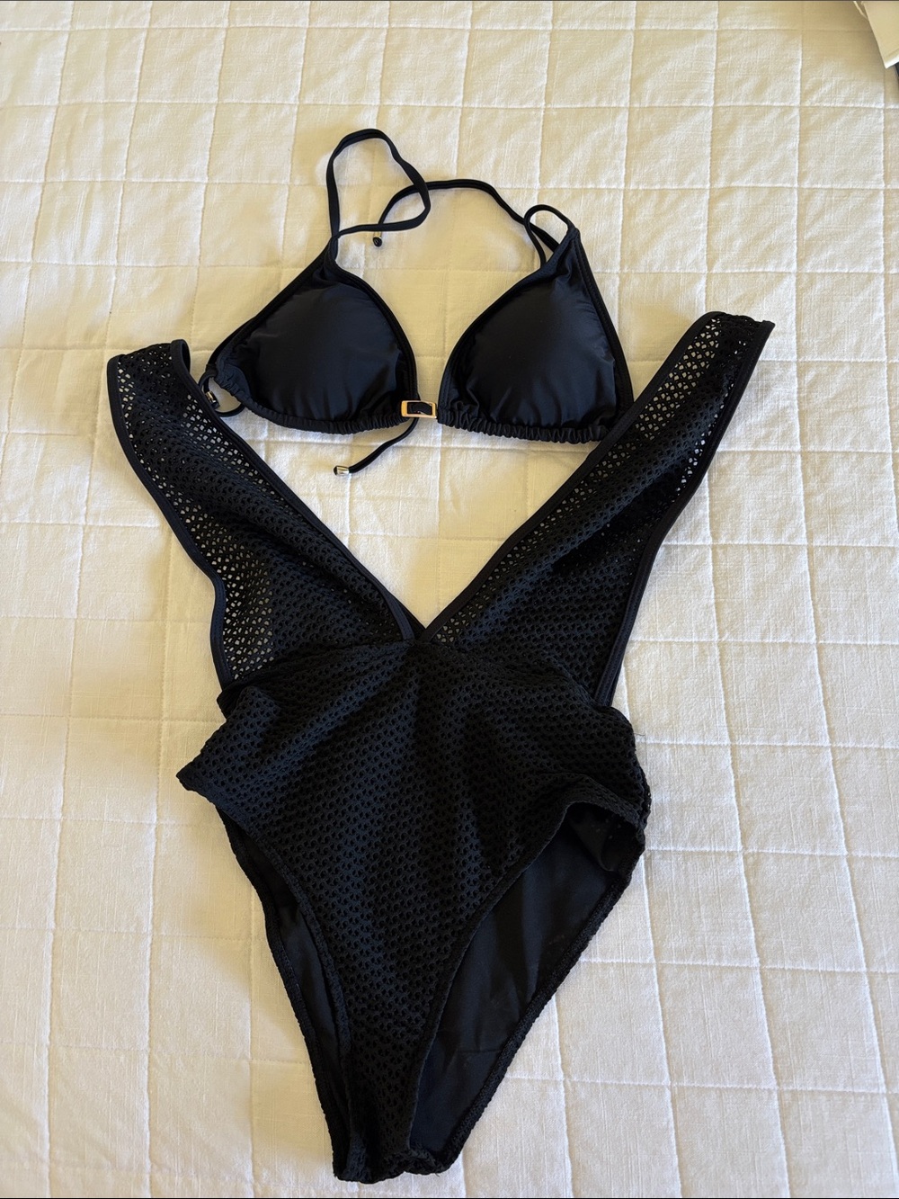 Black Two-Piece Swim Set - Triangle Bikini Top & Mesh One-Piece Cover